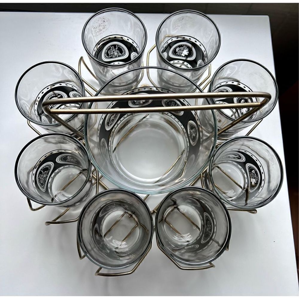 Vtg Hazel Atlas Coins Of the World 8 Glasses, Ice Bucket Black Gold & Caddy MCM